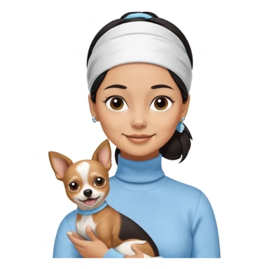 tan skin woman, with short black hair in a slicked back ponytail with forehead showing, with white headband, wearing solid pastel blue turtleneck shirt, smiling carrying dark brown-white long-haired chihuahua dog with brown nose sticker