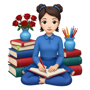 A woman with dark hair, straight and dark brown, styled in two buns, wears a blue long-sleeved shirt and a brown lace ruffled skirt. She holds a crayon in one hand. She sits on the floor with her legs crossed. The floor is covered with five stacks of colorful notebooks and a vase of red roses.  sticker