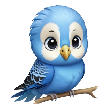 cinematic-cute-blue-budgie-portrait-emoji,-head-tilted-playfully-and-inquisitively,-featuring-a-brilliant-blue-feathered-fur-and white and black face-with-a-natural-sheen,-round,-sparkling-dark-eyes-filled-with-curiosity,-simplified-yet-irresistibly-adorable sticker