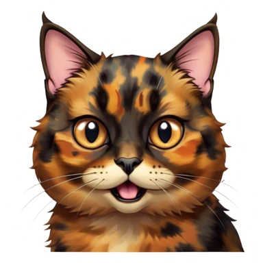 Cinematic Comical Tortoiseshell Cat Portrait Emoji, Head cocked dramatically with an over-the-top shocked expression, featuring a rich mottled fur of browns and blacks and wide, comically animated eyes full of playful disbelief, simplified yet hilariously detailed, glowing with a bold, sassy radiance, high shine, exuding a mischievous and spirited charm, styled with a soft glowing outline, capturing the essence of a tortoiseshell cat that appears ready to burst into comical antics! sticker