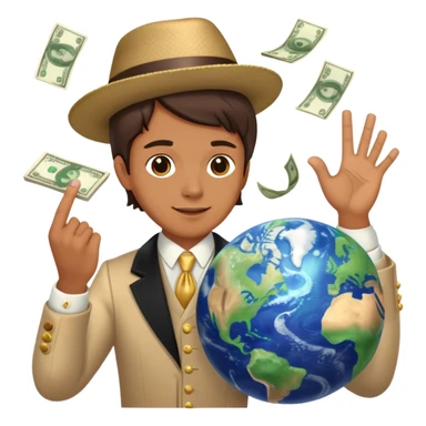 rich person spinning the earth on a finger, dressed in fancy clothes with money flying around sticker