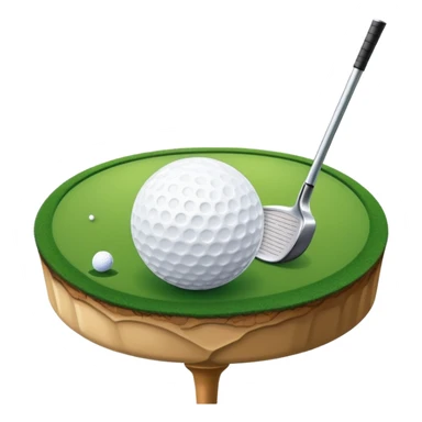 A close-up golf ball on a tee, with a golf club placed beside it, set on a well-manicured green. The background is a peaceful golf course with a clear blue sky, emphasizing the tranquility and skill required for the sport. sticker