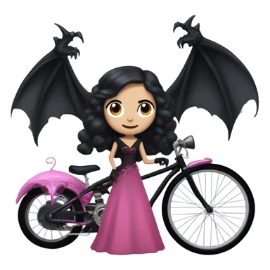  black evening gown with see-through gloves, Jenna Ortega as Addams woman prom queen wearing a mini tiara, very large blood  pink evil-looking horned old dragon bike sticker