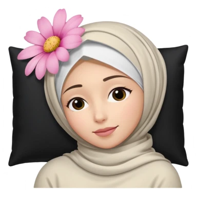 The image is a close-up selfie of a young woman wearing a white hijab. She is lying on her back with her head resting on a black pillow. She has a pink flower in her hair and is looking directly at the camera with a slight smile on her face sticker