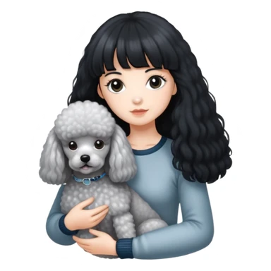 A girl with long black hair and airy bangs, fair skin, holding a silver-gray poodle with white fur on its chest. The poodle has a round head with its ears hidden within its fur. sticker
