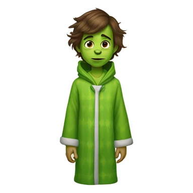 A little boy with brown hair, hazel eyes, skinny, wearing plaid pajama pants, a green hooded robe and grinch house shoes  sticker