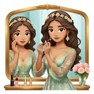 Middle Eastern-inspired moment of a woman getting ready in front of a mirror. She wears a delicate floral dress with sheer, flowy sleeves, accessorized with gold jewelry and traditional pearl-adorned hair clips. Her  as she applies mascara and eyeliner , her reflection revealing a soft smile.  sticker