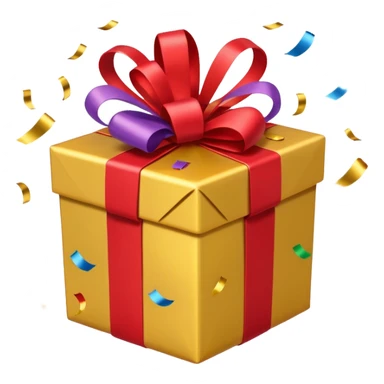 present with gold wrapping and red ribbon with top off and confetti coming out sticker
