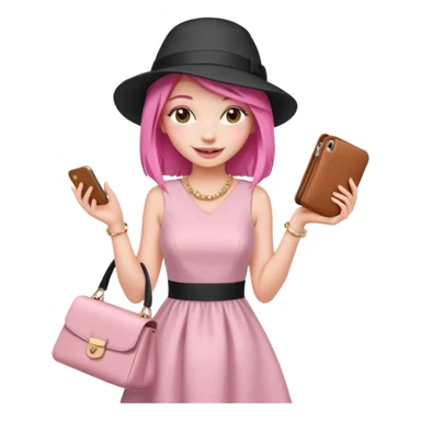 emoji of a young fashionable woman, straight pink hair, wearing a hat and a chic dress, playful smile sticker