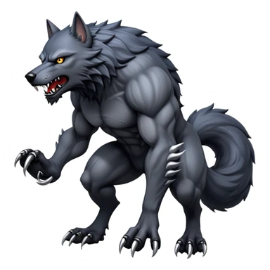 cinematic-noble-fierce-werewolf-full body on all fours-emoji, poised-and-imposing, with a tall, lean, and muscular wolfish frame inspired by the brutal, imposing shape of the beast from Berserk, fur rippling in shades of midnight black and silver, massive paws with razor-sharp claws, elongated limbs and fangs, eyes glowing with an intense, primal ferocity, reflecting the untamed power of the wild moonlit night; rendered with realism like a wolf hunched over sticker