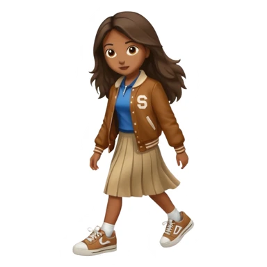 black color long hair girl with brown varsity jacket and long skirt walking  sticker