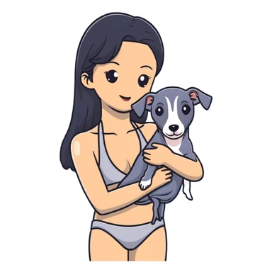 Slim Chinese woman with long black hair in pool attire at an indoor swimming pool with her Italian greyhound that is COMPLETELY and ENTIRELY solid dark grey, with ABSOLUTELY ZERO white markings anywhere on its entire body including face, nose, chest, paws - 100% uniform dark grey color only sticker