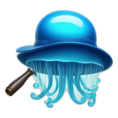 A translucent blue jellyfish with a classic detective's fedora and a magnifying glass, floating. sticker