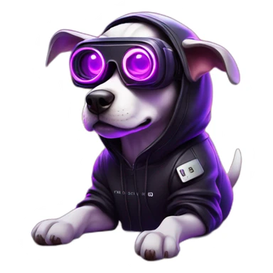 funny dog wearing a black hoodie with "OMG" letters on it and VR headset in a cyberpunk VR environment with violet neon lighting. sticker