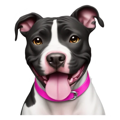 Black and white pit bull smiling with pink collar sticker