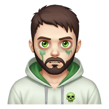 zombie pointing finger, undercut hairstyle with dark brown hair, short full beard, heterochromia with one green eye and one brown eye, wearing plain white hoodie sticker