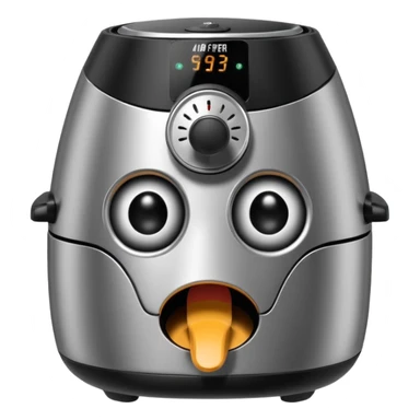 An air fryer with the knobs and handles made to look it's eyes, nose and mouth, hysterically crying with laughter sticker