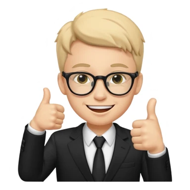 un estudiante con terno negro que este parado con sus lentes guiñando el ojo y CON LAS MANOS HACIA ARRIBA DANDO LIKE sticker