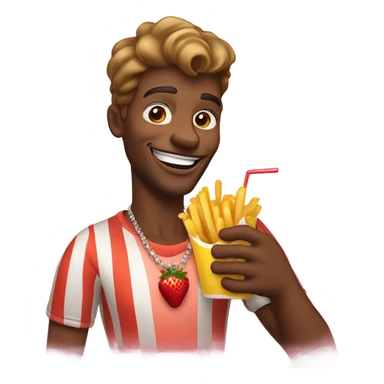 smiling man with jewelry outdoors eating french fries with a strawberry lemonade in his hand sticker