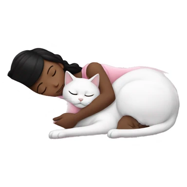 White girl with black hair sleeping with white cat under a pink blanket sticker