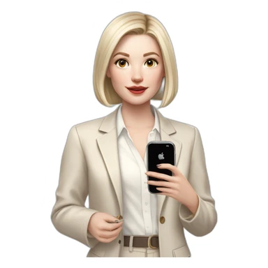 pale skin woman with ash blonde Straightened bob Hair, White Spacious classical jacket, beige palazzo Arrow pants and gray blouse holding white IPhone 14 pro in the hands sticker