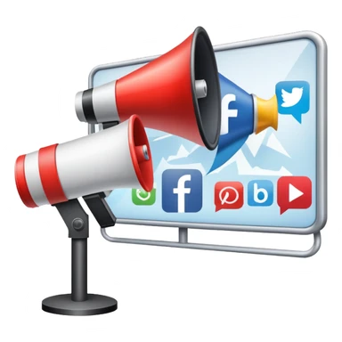 An icon featuring a megaphone, a billboard, and social media icons, symbolizing advertising and public relations. The design includes a press release and a rising graph, representing brand promotion and communication strategies. Transparent background highlights media influence and outreach. sticker