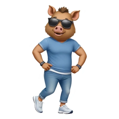 friendly anthropomorphised boar in jeans and a t-shirt, wearing dark sunglasses, jogging upright, relaxed pose sticker