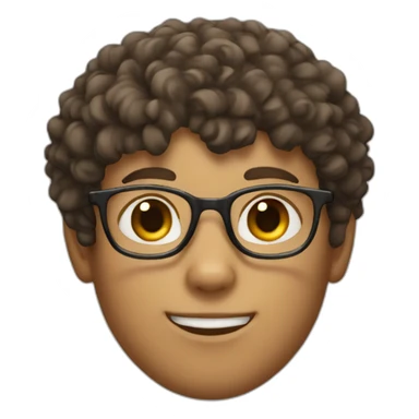head of a boy with brown curly short hair and white glasses with a dark cat sticker