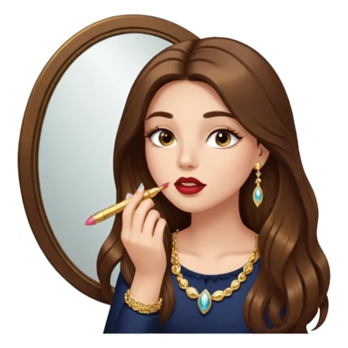 Girl with long brown hair, gold jewelry, and lashes, putting on lipgloss by a mirror  sticker