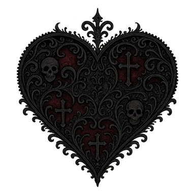 goth heart, black and deep red, ornate lace, subtle skull or cross motif, moody atmosphere, no background sticker