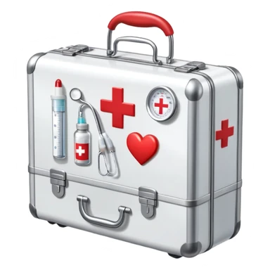 An icon featuring a medical suitcase with a red cross, a bottle of pills, a stethoscope, and a syringe, symbolizing medicine. The design includes a thermometer, bandages, and a heart monitor, representing healthcare and medical treatment. Transparent background highlights the science of healing. sticker