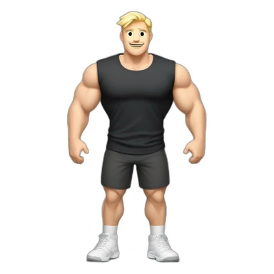 Full height Actively gesturing with hands Pale skinned fit man With the biceps and blonde hair In dark gray sleeveless mike, black oversize sports shorts, watch and white sneakers sticker