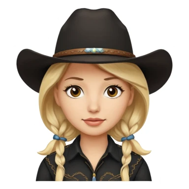 Blonde cowgirl with brown eyes and a black cowboy hat sticker