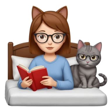 A girl is lying in bed. She has short chestnut hair styled neatly, is wearing glasses, and is reading a book. A grey cat is lying on her legs. The girl has no headband or ears, and the cat is not wearing glasses. sticker