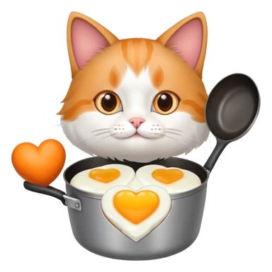 a cat holding a cooking pan with double heart-shaped egg sticker
