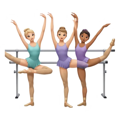 "Icon for Choreography: a group of dance students stretching, holding one hand on a long barre along the wall. The icon should capture the disciplined and graceful nature of ballet practice. Transparent background. sticker