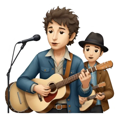Icon for Folk Music: Bob Dylan with his harmonica and acoustic guitar, performing with his band on stage. The atmosphere should be intimate and nostalgic, capturing the soul of folk music with simple instruments and natural vibes. Transparent background. sticker
