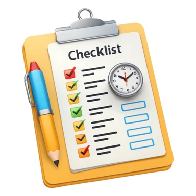 minimal emoji-style icon showing a document with a checklist and a small clock overlay, representing 'What to Expect' for test prep, modern, clean, educational sticker