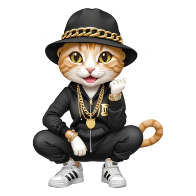 female cat wearing Run DMC hip-hop outfit with tracksuit, fedora, Adidas sneakers, many gold chains, rings, bracelets, flashy earrings, laughing and looking up, no sunglasses sticker