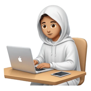 Create an emoji where an ungender person sits in front of the desk, designing ghost characters on laptop. Please refer to the attached image for ghost characters. sticker
