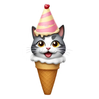Cat wearing a birthday hat and licking an ice cream cone sticker