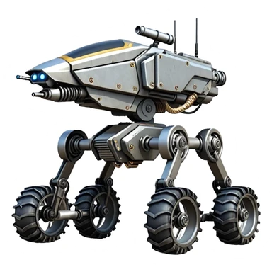 unstoppable jumping accurate 8-wheel armored canine sporty self-balancing massive mech trail vehicle shooting forward side-hill leaning actively robotically articulating hydraulic independent suspended pod gimbal enemy mech off-road racing rover with large fast engine RC basher crawler megatron  sticker