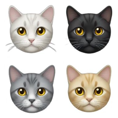 create 4 face cat 's emoji. Includes black British Shorthair, yellow British Longhair, Himalayan Longhair, gray British Shorthair sticker