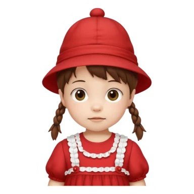 baby girl with brown hair and pigtails with a hat and red dress like My Neighbor Totoro movie sticker