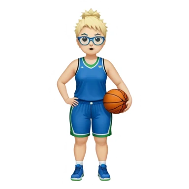 full body white plus size women basketball player pug nose with short spiky dark hair with added blond highlights wearing blue glasses wearing blue and green uniform sticker