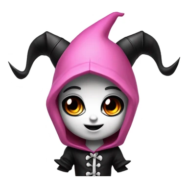 A mischievous chibi cartoon character with black devil horns, a jester-like hood with a pink skull on the front, light pink cheeks, black and white color scheme, large expressive eyes with dark eyeliner, and a playful smirk. sticker