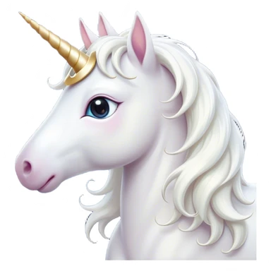 Cinematic Cute White Unicorn Portrait Emoji, Head tilted playfully and inquisitively, featuring a charming, petite form with a silky white color, a delicately flowing mane and tail, and a tiny, sparkling horn, with large, dreamy eyes full of wonder, Simplified yet irresistibly adorable features, highly detailed, glowing with a warm, enchanting glow, high shine, affectionate and lively, stylized with a touch of fairy-tale whimsy, soft glowing outline, capturing the essence of a mischievous yet endearing white unicorn that seems as if it could gallop out of the screen into your heart! sticker