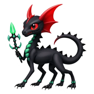 Obsidian-black and neon-glowing-green skeletal Meloetta-Salandit-Nargacuga-Salazzle-Pokémon-Fakémon-creature-fusion-hybrid with glowing crimson-red evil slit eyes sticker