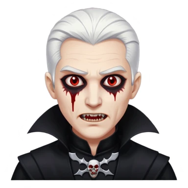 Creat a young man Vampire with white skin and white hair "make him have slide back hair" and full black vampire clothes and bloody eyes and long fangs and scary dead eyes sticker