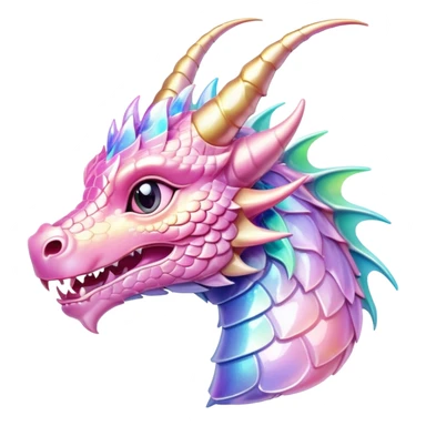 A cute Sparkly glossy Pastel iridescent glass dragon head profile, 2 horns sticker